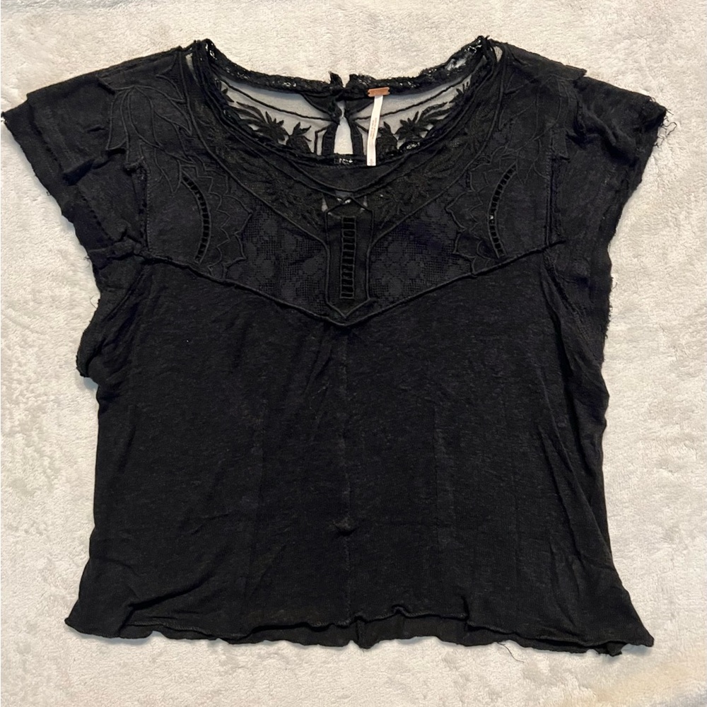 2/$8 Free People Black Mesh Yoke Lace Crop Top w/ Flutter Sleeve, Raw Hem Detail